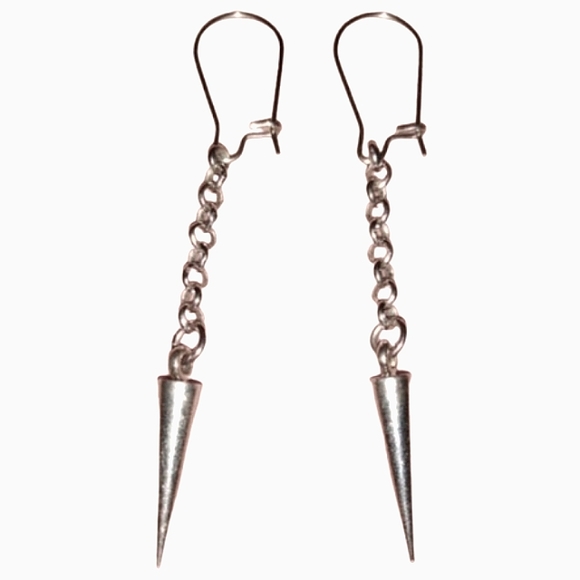 Silver Spike Long Chain Earrings Handmade Goth Steel Ear Wires Punk Biker KATTA - Picture 1 of 8